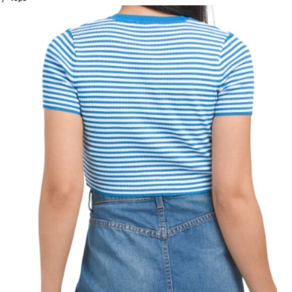 ZARA Button-Front Sweater Striped Cropped Shrug Top Blue White Stretch M NWT - Picture 4 of 14